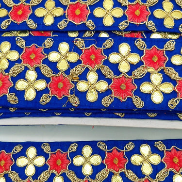 Royal Blue Art Silk Fabric Trim, Salmon Pink & Gold Floral Embroidery Gota Patti Indian Sari Border Trim By Yard Decorative Trim Craft Lace
